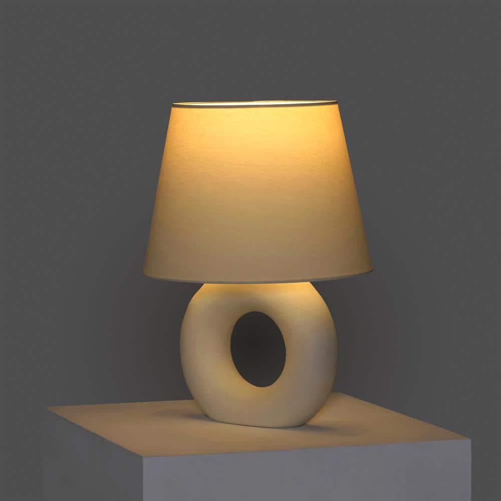 Brightech Chloe 15.5" Modern LED Table Lamp with Circular Ceramic Base and Natural Cotton Shade