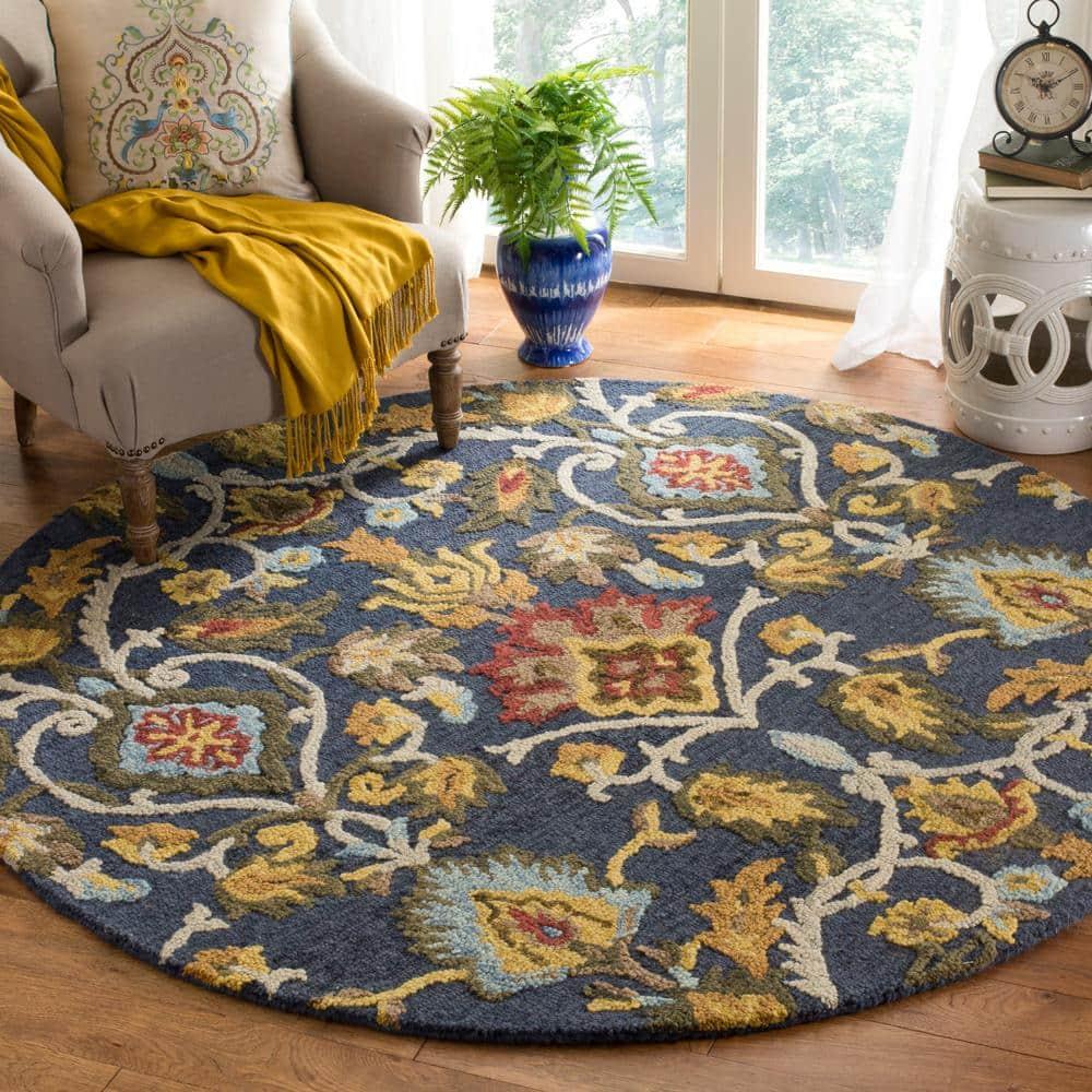 SAFAVIEH Blossom Lennon Floral Wool Area Rug, Navy/Multi, 9' x 9' Round