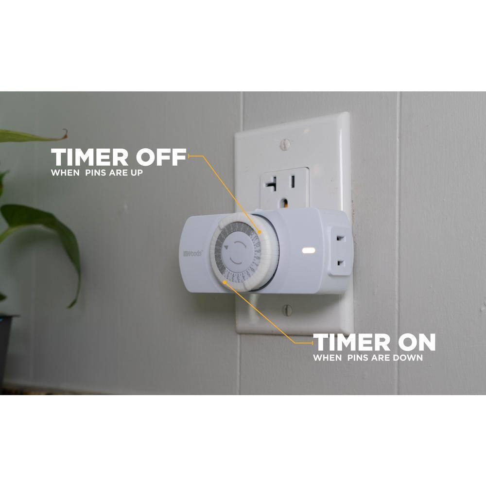 Woods 50101WD Easy-to-use Narrow Style Indoor 24-Hour Mechanical Timer, Single 2-prong (polarized) Outlet, White
