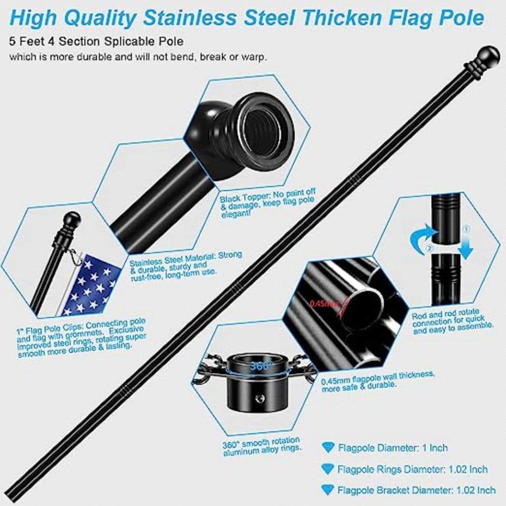 6 FT Flag Pole Kit with Mutil-Position Adjustable Bracket & Spinning Flagpole Rings, 1" Thicken Stainless Steel Metal Flag Poles for 3x5 Flag Outside House Wall Post Mount (6 FT, w/180° Black Bracket)