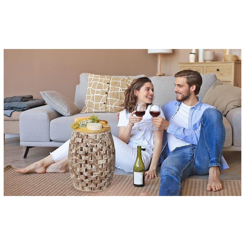 Balkene Home Maya Oval Rustic Garden Stool Wood Outdoor Seating & End Table Portable Adaptable Outdoor Furniture - Seasoned Patina Finish