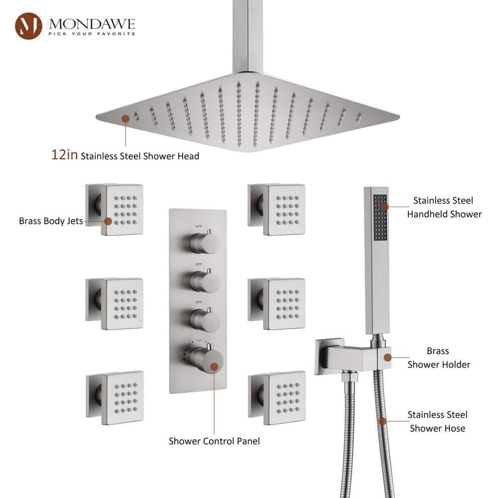 Herathena 3 Functions Ceiling Mounted Luxury Shower System with 6 Body Jets (Rough-in Valve Included)