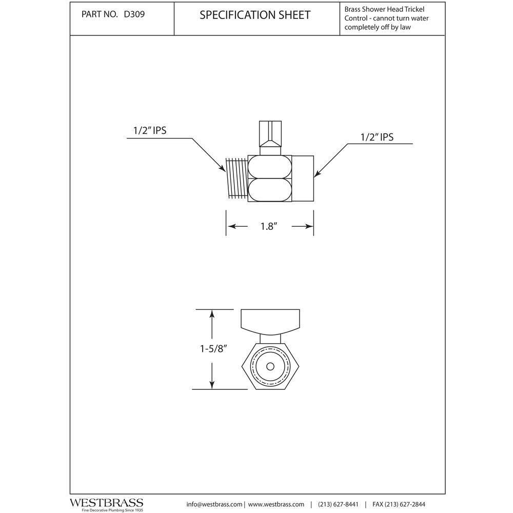 Westbrass 1/2" Shower Arm Volume Flow Control Trickle Valve D309-05