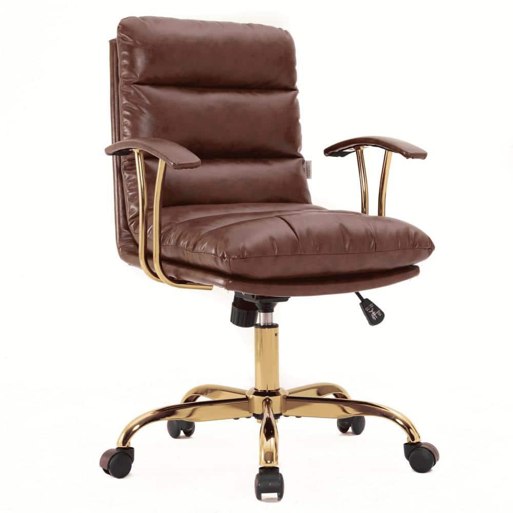 LeisureMod Regina Single Ergonomic Padded Leather Lumbar Support Adjustable Height Swivel Executive Office Chair with Gold Steel Frame