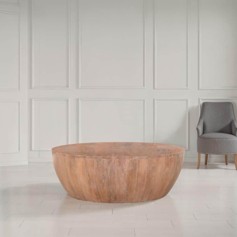 Arthur Drum Shape Wooden Coffee Table with Plank Design Base, Distressed Brown - UPT-32182 Brown