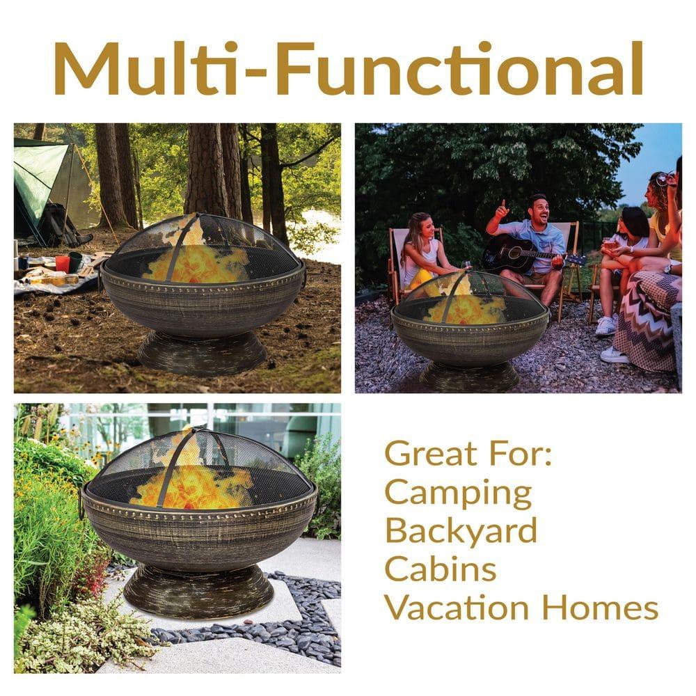 SunnyDaze Decor 30" Wood-Burning Black Finish Steel Fire Pit Bowl with Screen, Grate, and Poker