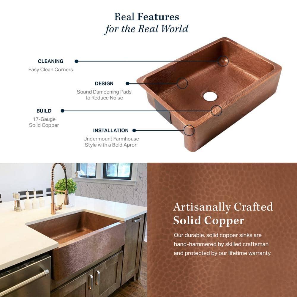 Lange Copper 30" Single Bowl Farmhouse Apron Front Undermount Kitchen Sink