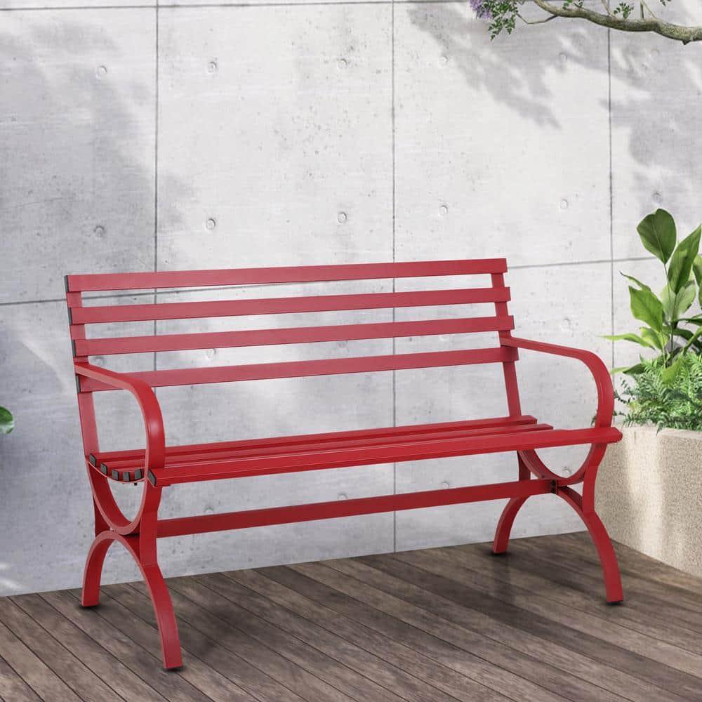 PHI VILLA Outdoor Garden Bench, 48” Long Metal Steel Bench with Backrest and Armrests, Modern Slatted Design for Patio, Lawn, Yard, Porch - Red