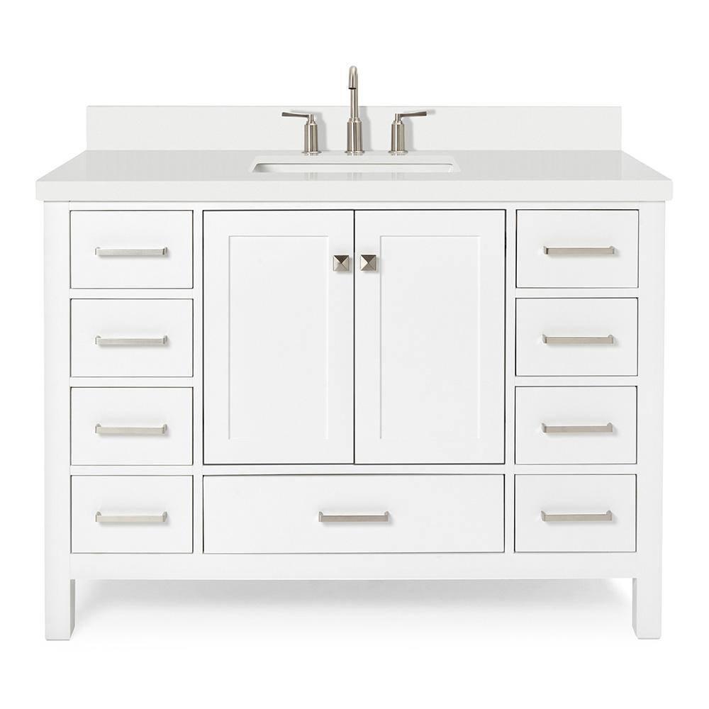 ARIEL 49" Bathroom Vanity with 1.5" Edge Pure White Quartz Countertop & Backsplash, Center Rectangular Sink, 2 Soft Closing Doors, 9 Full Extension Dovetail Drawers, Brushed Nickel - White