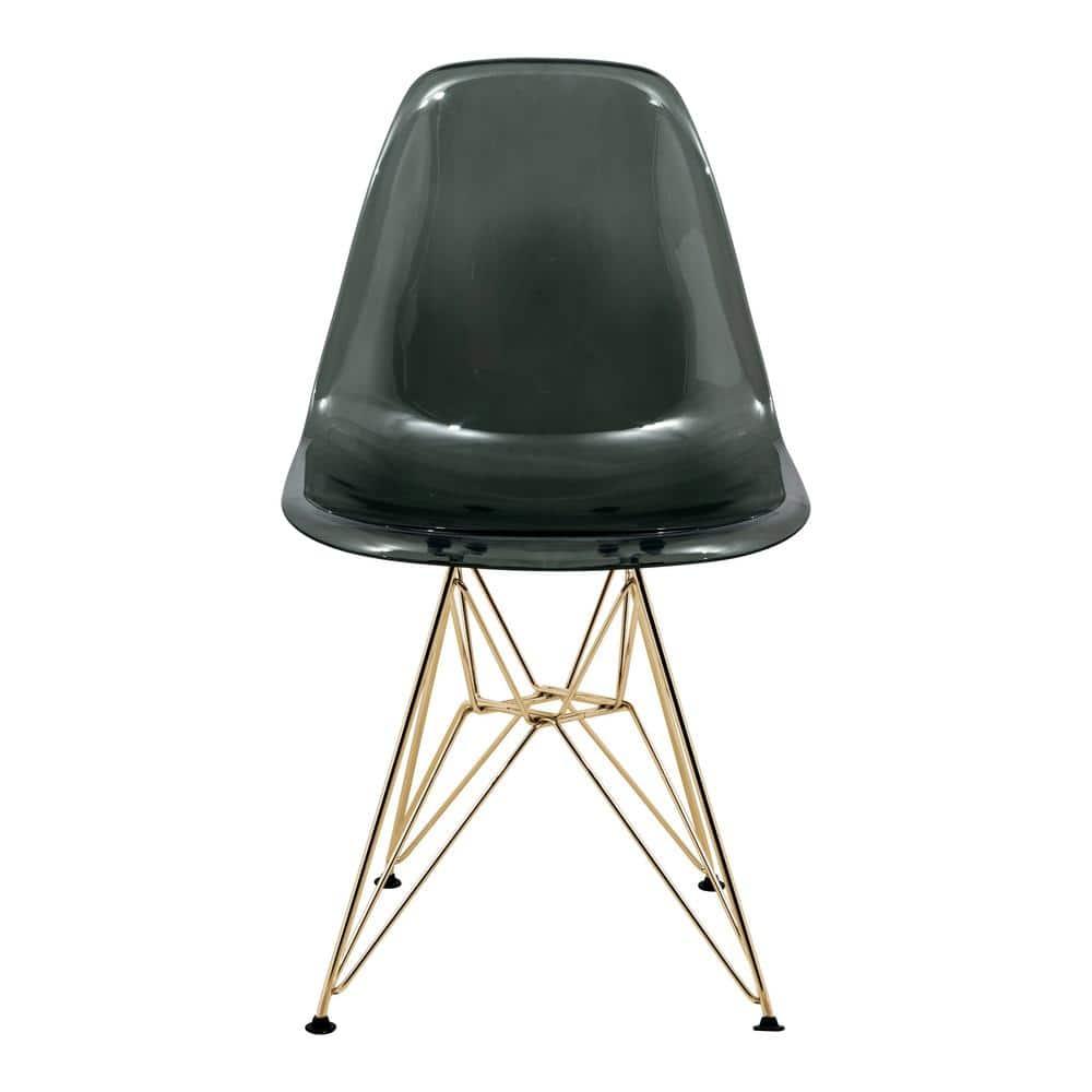 LeisureMod 5-Piece Dining Set with 35" Round Dining Table in White Iron Pedestal Base and 4 ABS Plastic Side Chair with Gold Base, Transparent Black