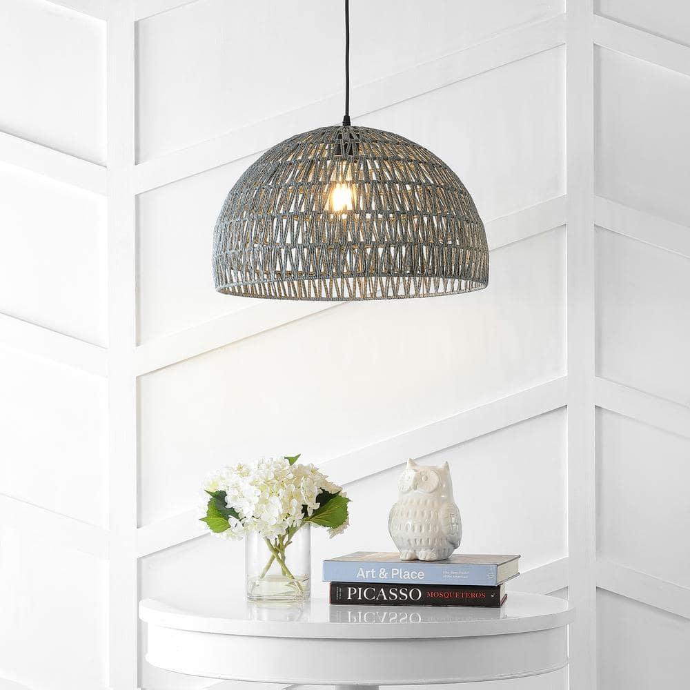 Campana 20" 1-Light Bohemian Modern Woven Rope/Iron LED Pendant, Grey/Black