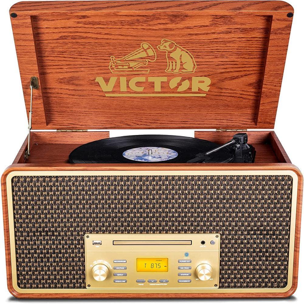 Victor 8-in-1 Wood Music Center with Bluetooth Vinyl Record Player