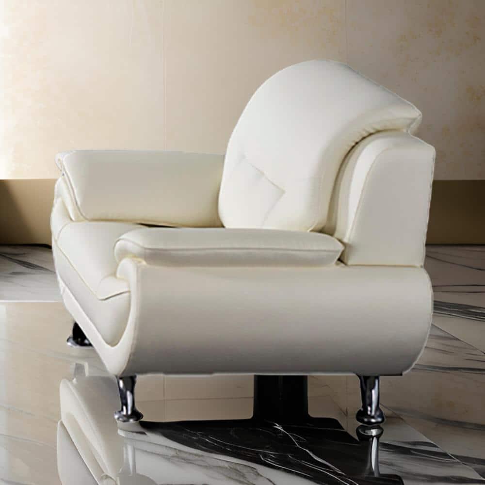 Benjara Olaf 50 Inch Sofa Chair, Tufted Ivory Faux Leather, Chrome Metal, Wood