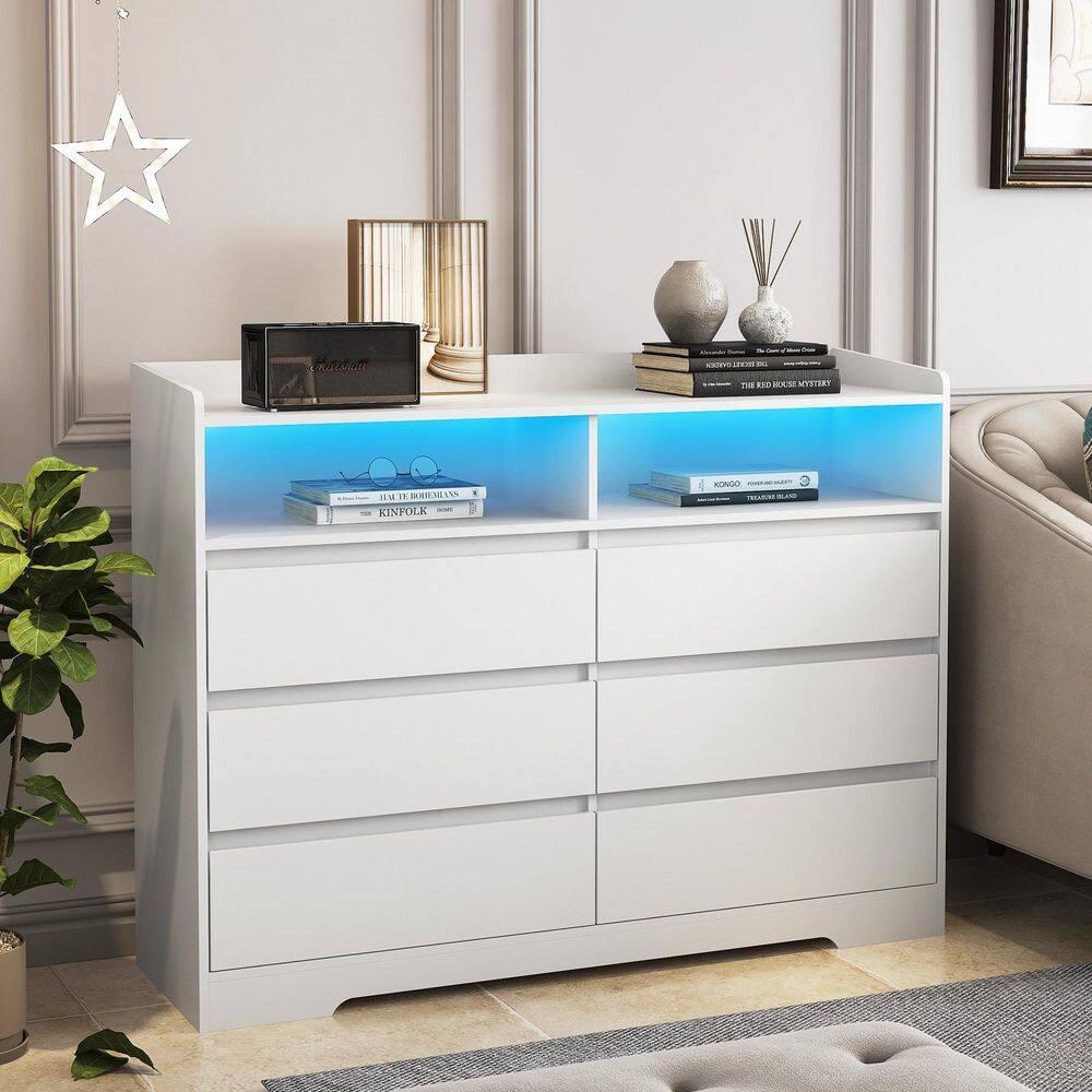 6 Drawer Dresser, White Chest of Drawers for Bedroom with LED Lights, for Living Room, Entryway, Hallway