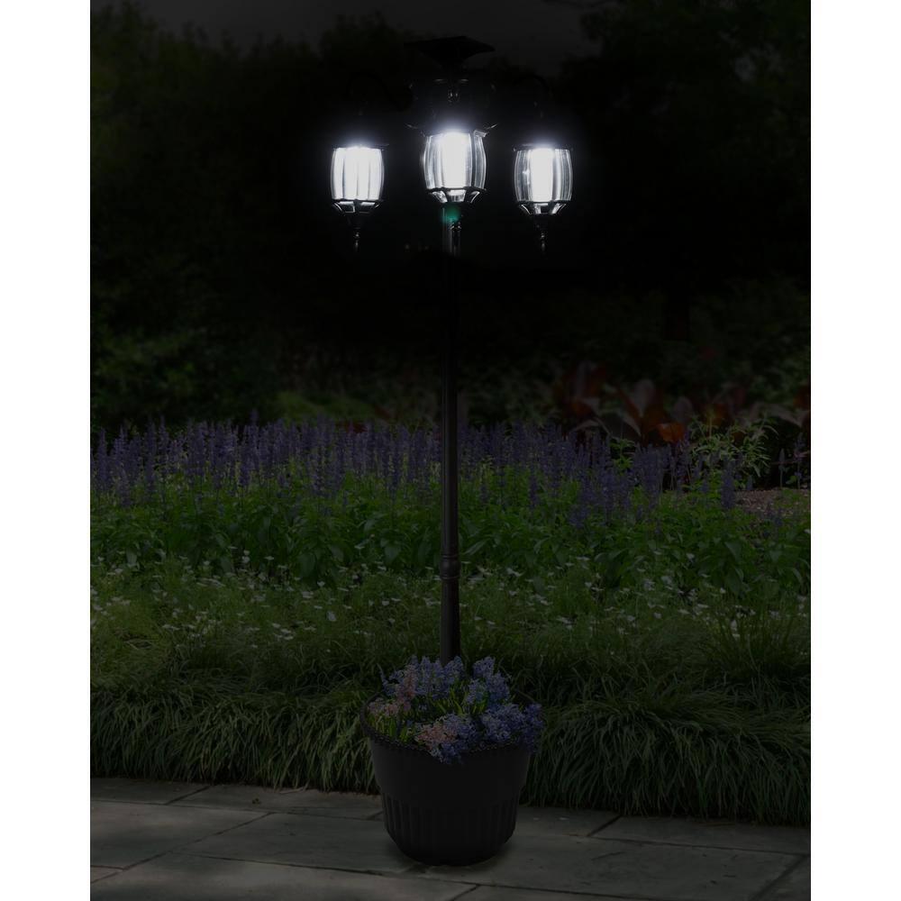 Madison 3-Light Black Integrated LED Solar Lamp Post and Planter