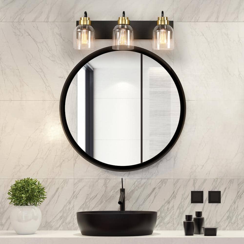 22 in. 3-Light Matte Black Vanity Light with Matte Brass Accents and Glass Shades