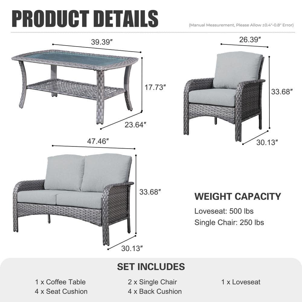 Denali Gray 4-Piece 4-Seat Wicker Modern Outdoor Patio Conversation Sofa Seating Set with Dark Gray Cushions