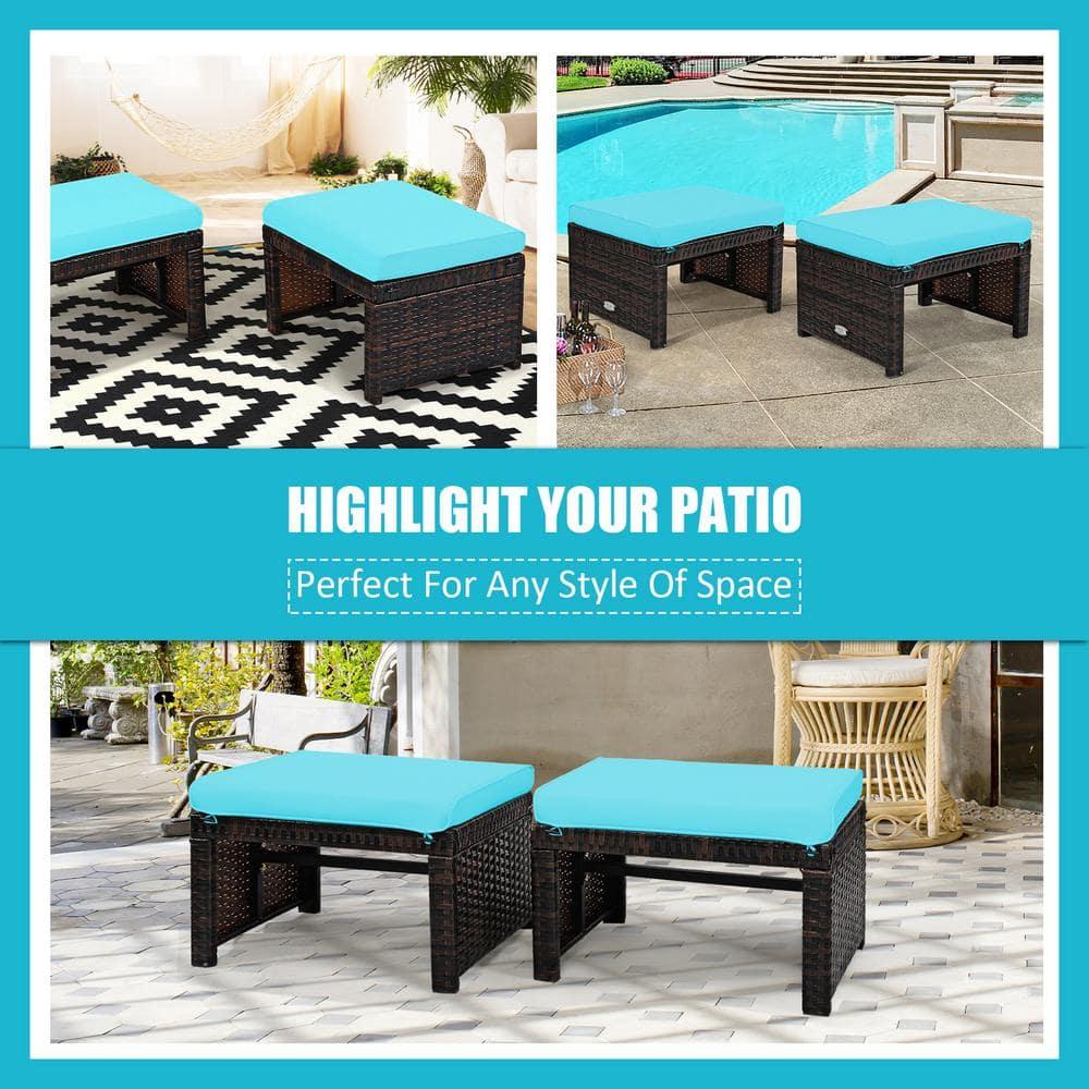 Tangkula 2 PCS Outdoor Wicker Ottoman Patio Rattan Furniture Metal Footrest Seat Square Footstool with Cushion Turquoise