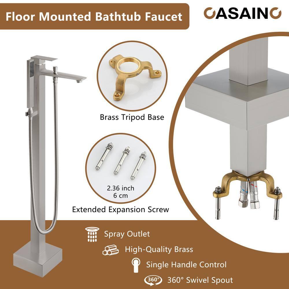 1-Handle Floor Mount Freestanding Tub Faucet with Handheld Shower in Brushed Nickel