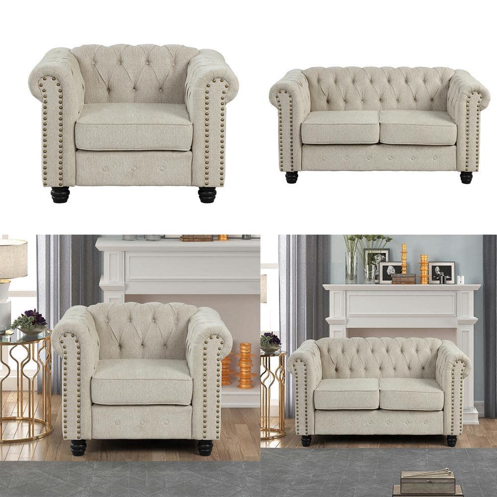 Morden Fort Beige Sofa Set for Living Room Furniture Button Tufted Chair and Loveseat 2 Pieces Fabric
