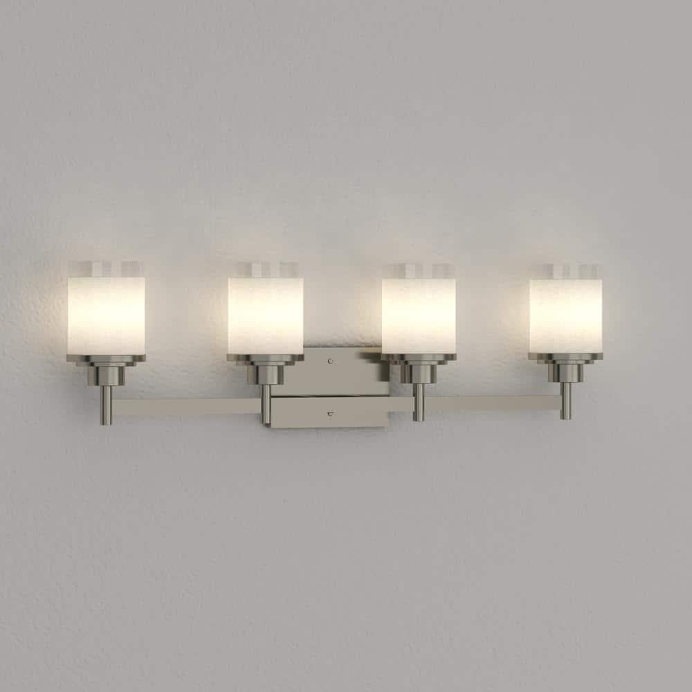 Progress Lighting Alexa Collection 4-Light Bath Fixture, Brushed Nickel, White Linen Glass Shade
