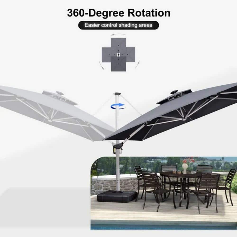 PURPLE LEAF 11FT Square Double Top Deluxe Solar Powered LED Patio Umbrella Outdoor Cantilever Umbrella, Gray