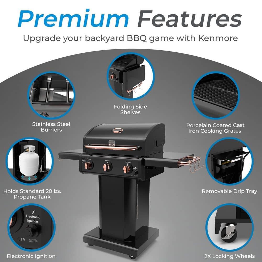 Kenmore 3-Burner Propane Gas Grill with Foldable Side Tables for Outdoor BBQ