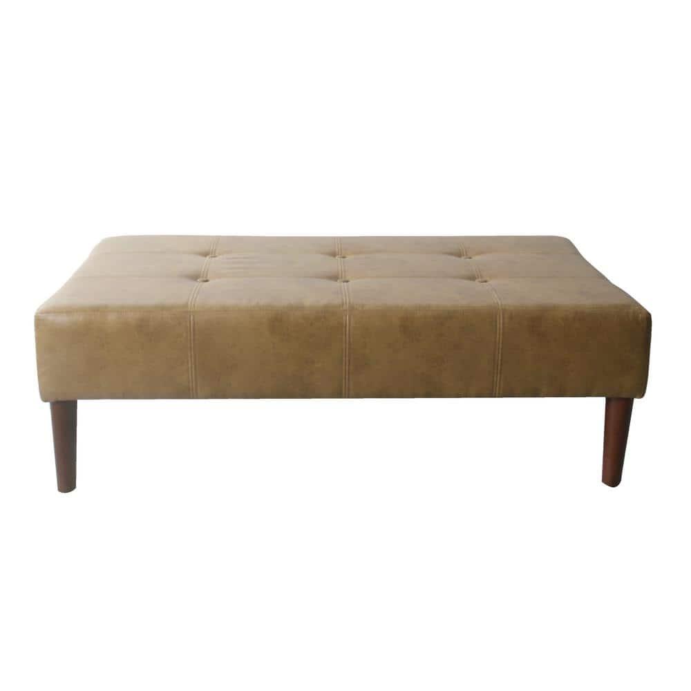 Adryanah Tufted Coffee Table Ottoman Bench - Light Brown Faux Leather