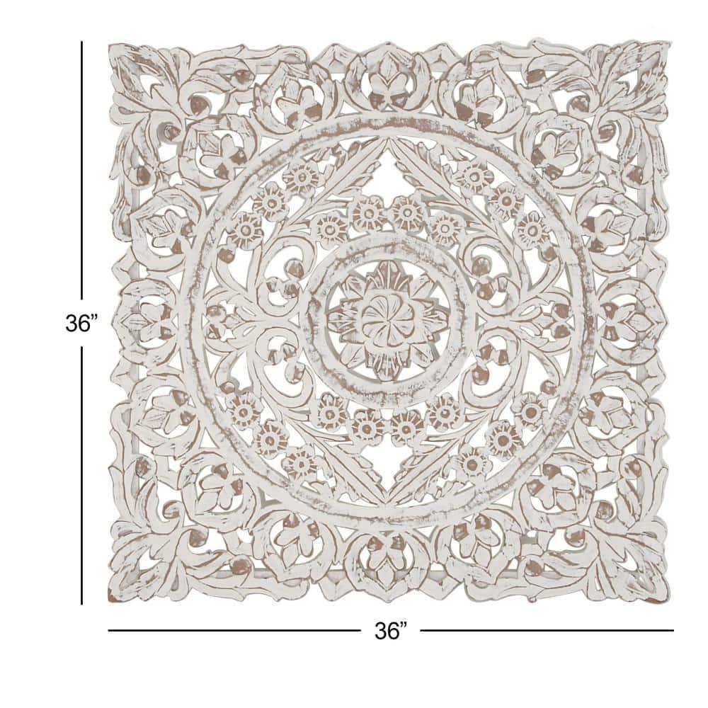 DecMode Traditional Wood Square White Handmade Wall Décor with Carved Mandala Design, 36"W x 36"H