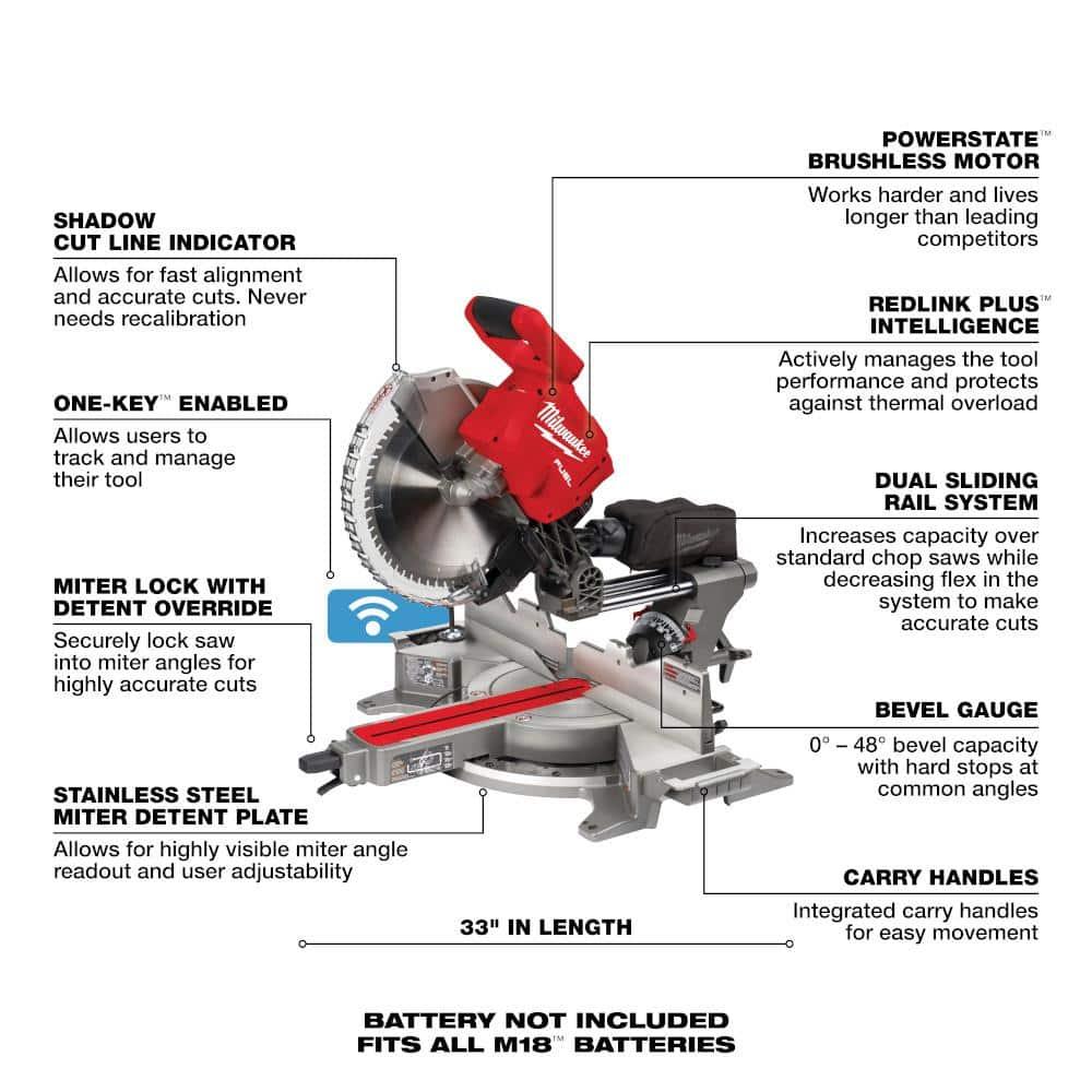 Milwaukee 2739-20 M18 FUEL Sierra de Mimbre Combinada Deslizante con Doble Bisel de 12"