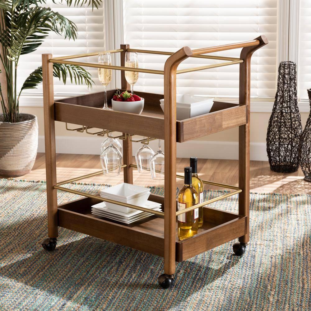 2 Tier Tahir Metal Mobile Bar Cart Brow/Gold - Baxton Studio