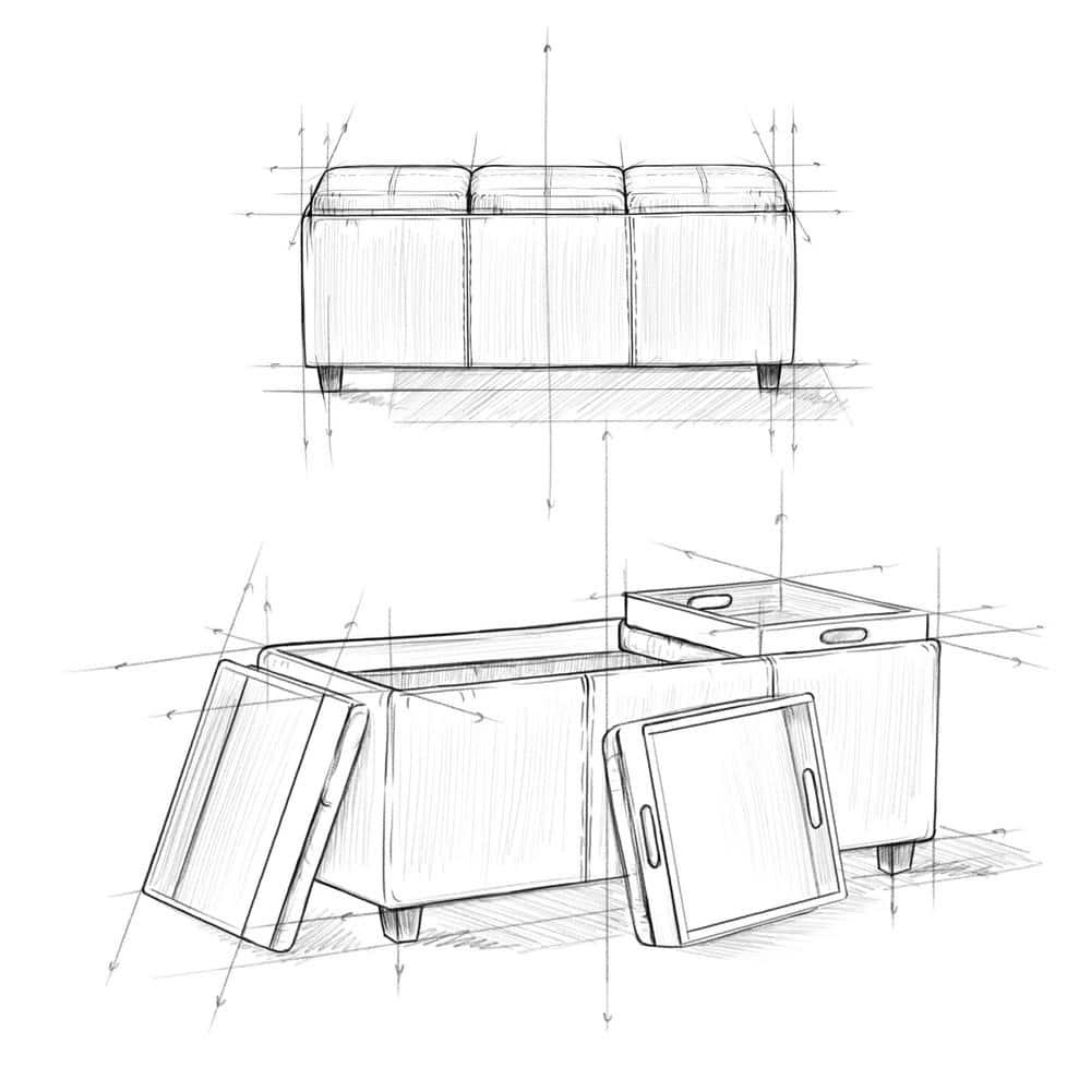 Simpli Home Avalon 42"W Upholstered Storage Ottoman with 3 Flip-Over Serving Trays