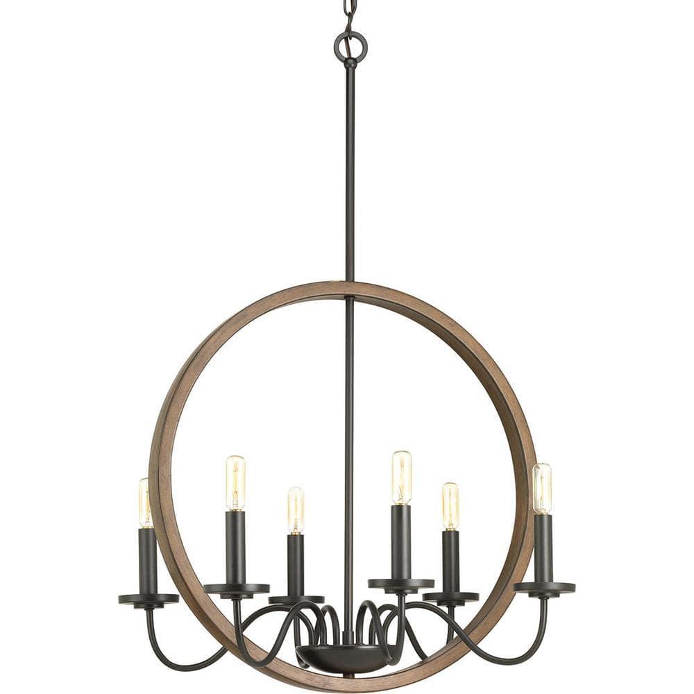 Progress Lighting Fontayne 6-Light Chandelier, Antique Bronze, Candelabra Lights, Steel, Dry Rated, Rustic Farmhouse, Modern Farmhouse, Urban