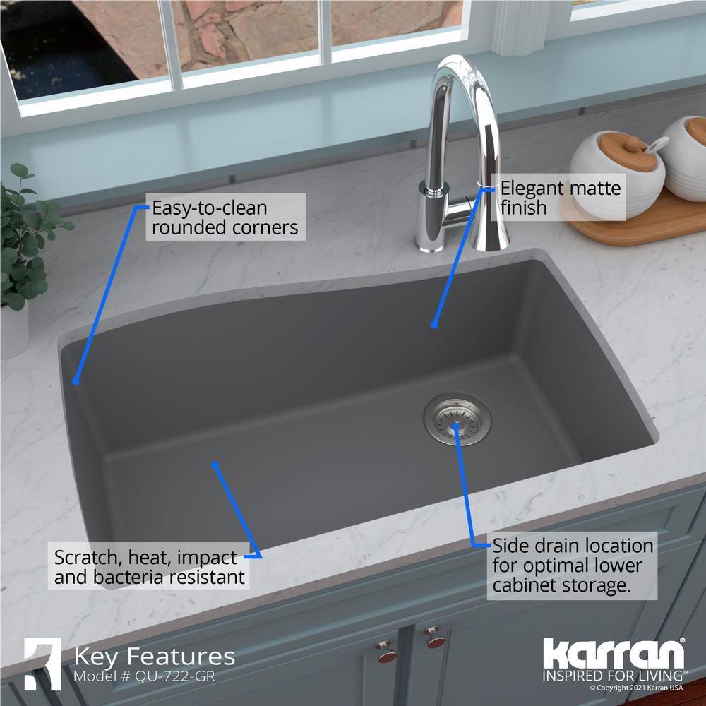 Karran Karran Undermount Quartz Composite 33-1/2'' X 21'' Single Bowl Kitchen Sink QU-722-GR