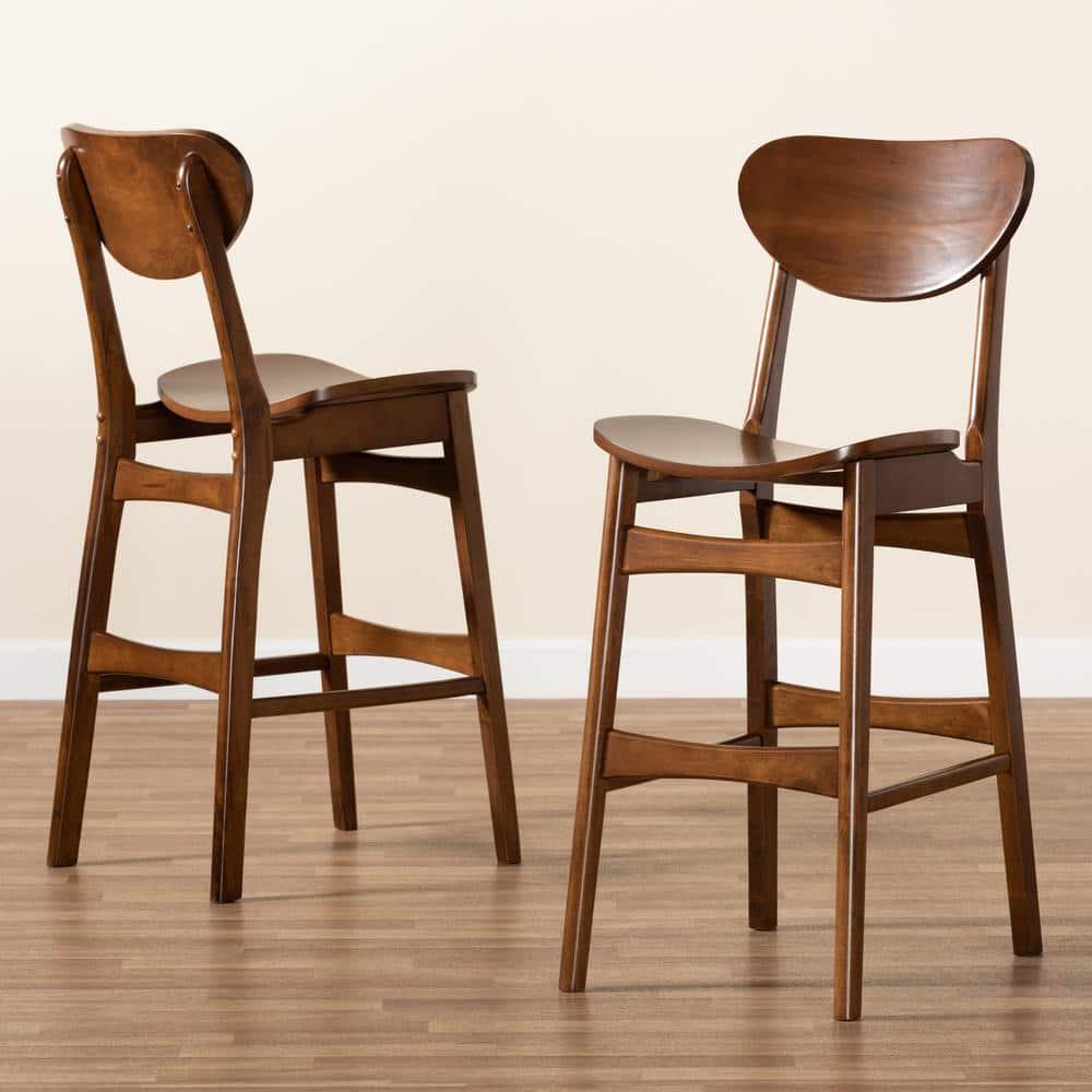 2pc Katya Wood Barstool Set Brown - Baxton Studio: Solid Walnut Finish, Polyester Upholstery, 28.7" Seat Height