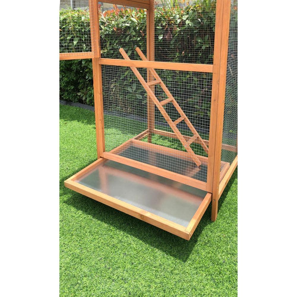 Hanover Outdoor Wooden Bird Cage with 3 Resting Bars, Ladder, Waterproof Roof and Removable Tray, 2.9 Ft. x 2.1 Ft. x 5.8 Ft.