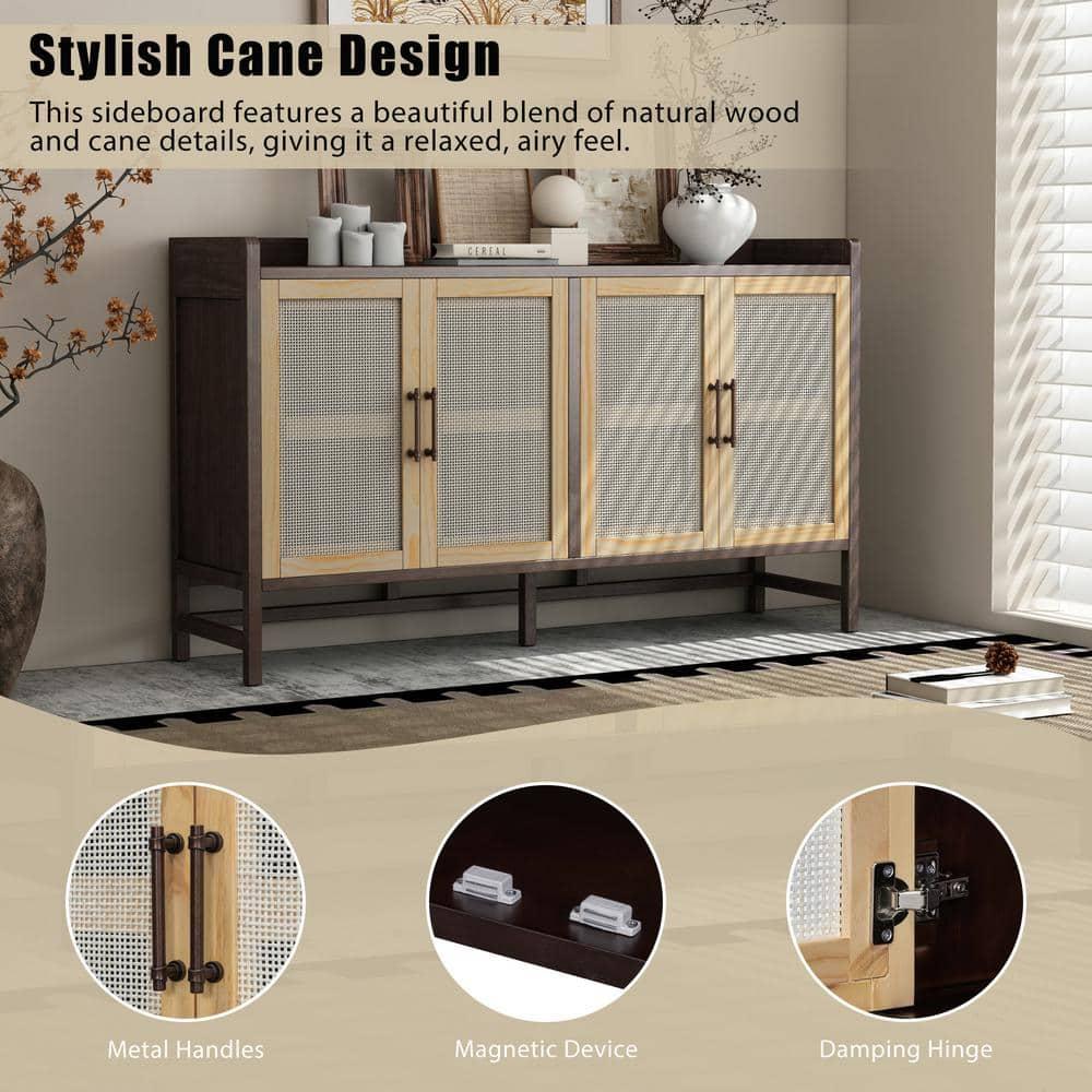 Natural Walnut Wood 60 in. Sideboard with Decorative Rattan Doors and Adjustable Shelves