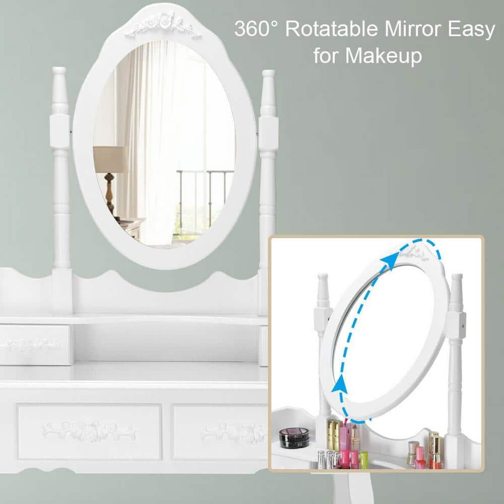 Costway Vanity Wood Makeup Dressing Table Stool Jewelry Desk 4 White