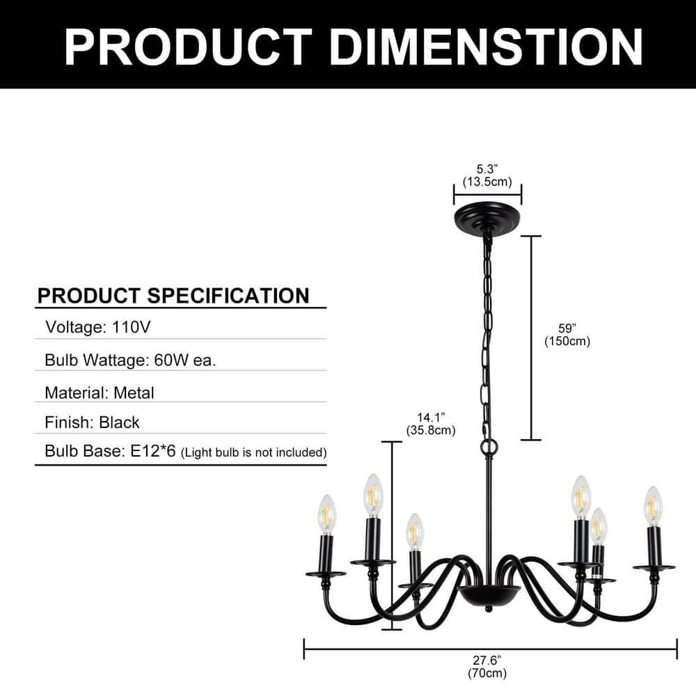 Black Chandelier 6-Light Chandeliers for Dining Room Rustic Farmhouse Chandelier Modern Kitchen Light Fixtures Ceiling Chandeliers Light Fixture for Living Room, Foyer, Bedroom, Hallway,