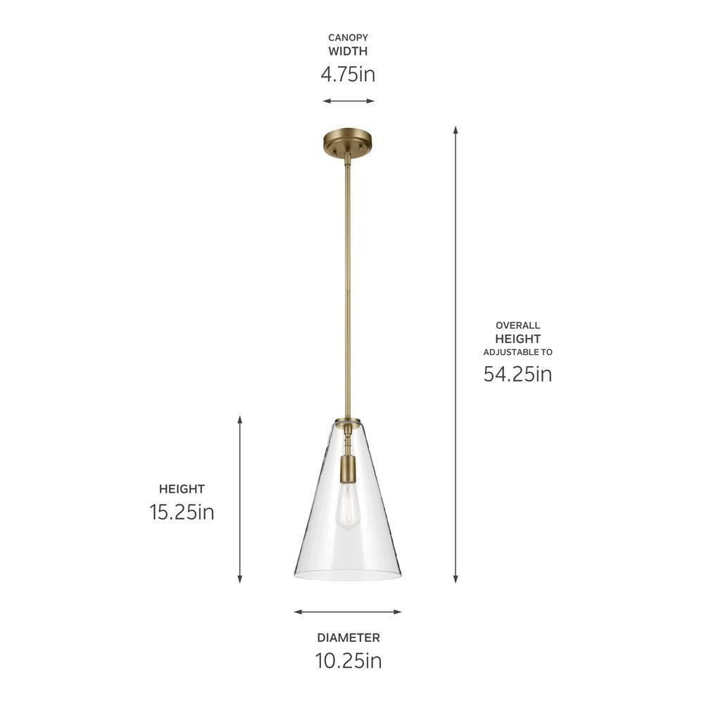 Everly 15.25" 1-Light Cone Pendant with Clear Glass in Natural Brass, for Kitchen Island, Dining Nook, Bedroom, (15.25" x 10.25") 42199NBR