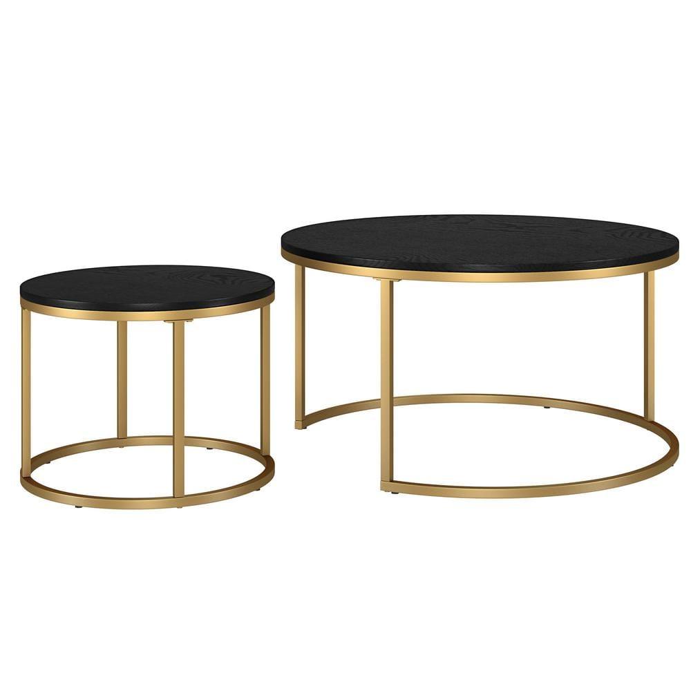 Evelyn&Zoe Watson Round Nested Coffee Table with MDF Top, Gold/Black Grain