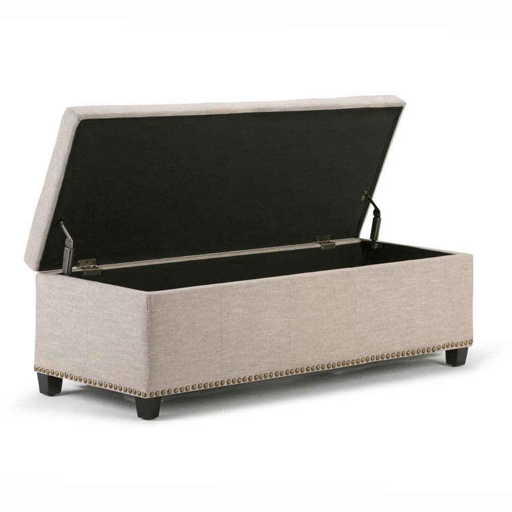 Simpli Home Kingsley 48"W Upholstered Storage Ottoman with Lift-Top Lid, Nailhead Trim, and Stitching Detail