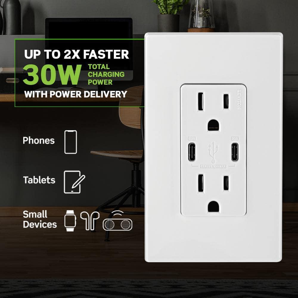 Tamper-Resistant T5635-I 15A 125V 30 watts Tamper-Resistant Duplex Outlet USB Dual Type-C with Power Delivery In-Wall Charger, Ivory