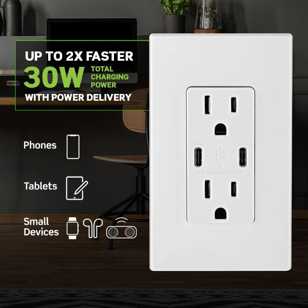 Tamper-Resistant T5635-I 15A 125V 30 watts Tamper-Resistant Duplex Outlet USB Dual Type-C with Power Delivery In-Wall Charger, Ivory