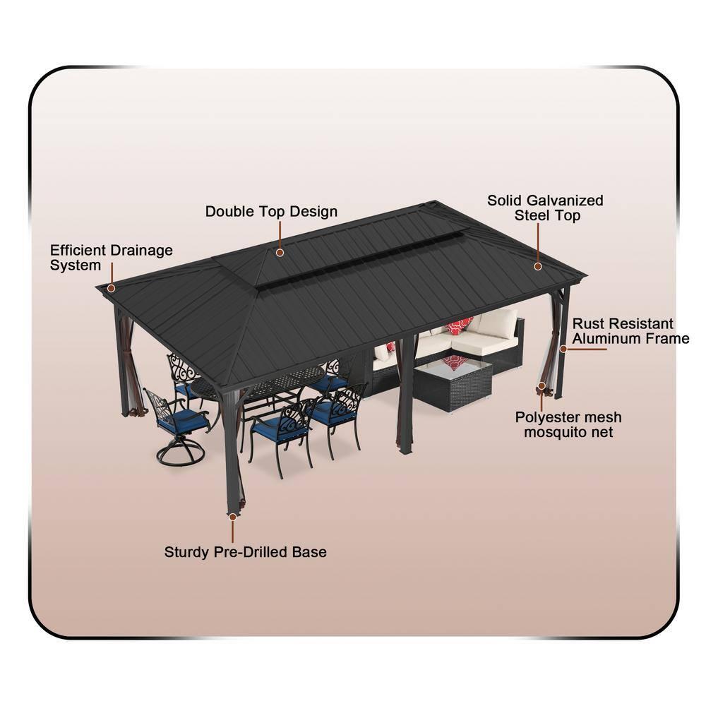 Boyel Living 12x20FT Hardtop Gazebo with Aluminum Double Roof Outdoor Pergola for Patio Lawn and Garden