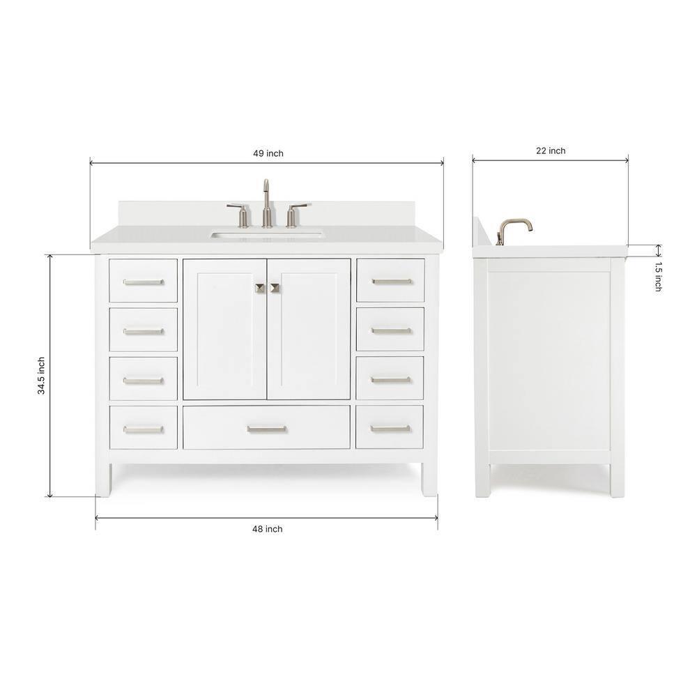 ARIEL 49" Bathroom Vanity with 1.5" Edge Pure White Quartz Countertop & Backsplash, Center Rectangular Sink, 2 Soft Closing Doors, 9 Full Extension Dovetail Drawers, Brushed Nickel - White