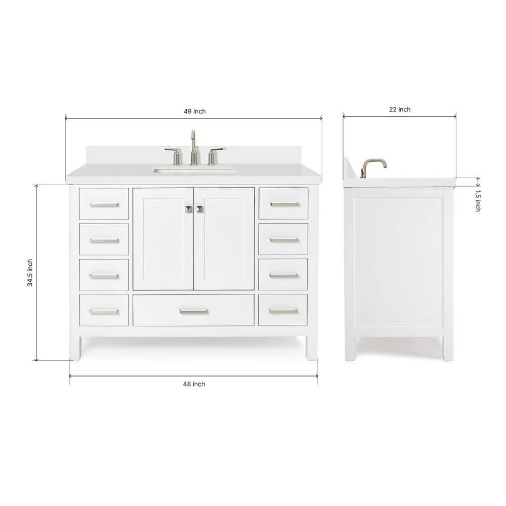 ARIEL 49" Bathroom Vanity with 1.5" Edge Pure White Quartz Countertop & Backsplash, Center Rectangular Sink, 2 Soft Closing Doors, 9 Full Extension Dovetail Drawers, Brushed Nickel - White
