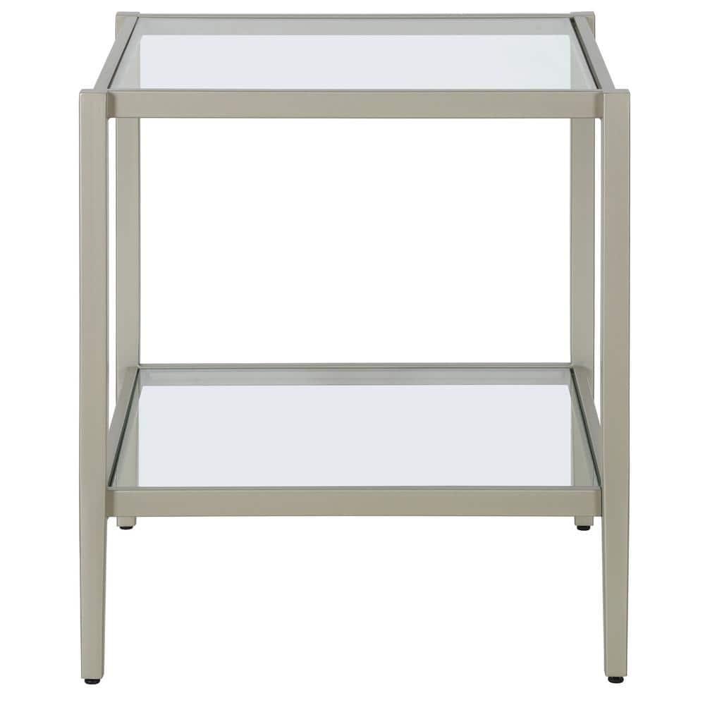 Evelyn&Zoe Hera 20" Wide Square Side Table with Glass Shelf, Satin Nickel