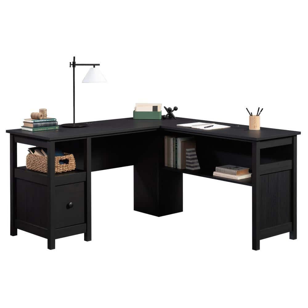 Sauder Dawson Trail Modern L Shape Desk Raven Oak: Home Office Furniture with File Drawer & Cord Management