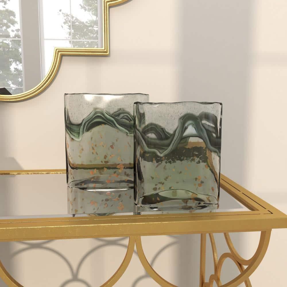 DecMode 9", 8"H Handmade Blown Gray Glass Vase with Speckled Wave Design, Set of 2